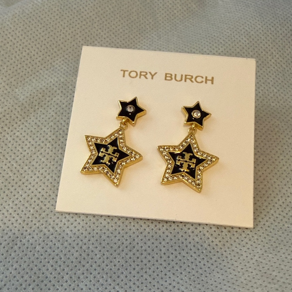 Tory Burch Gold and Black Star Drop Earrings